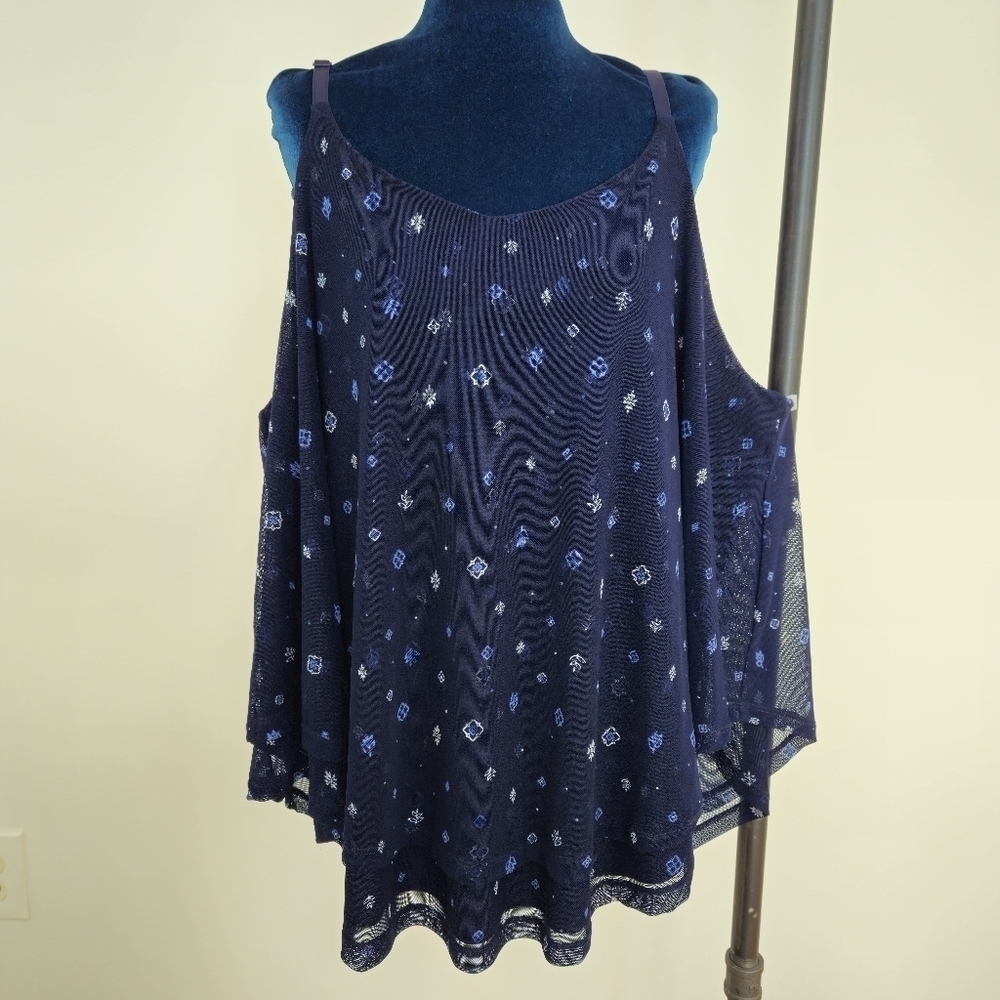 Love & Legend Top 3X Plus Size Blue Sleeveless Adjustable Straps Layered Fabric